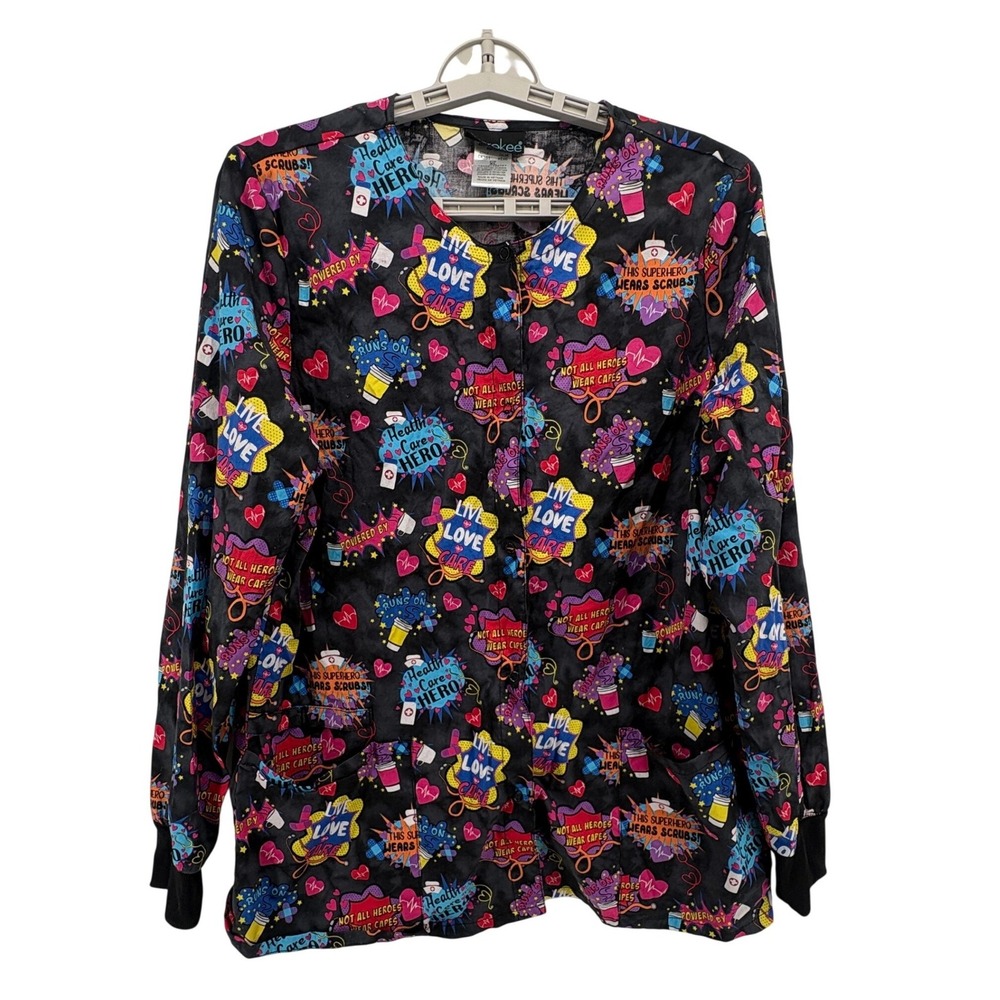 Cherokee Scrub Jacket Womens XL Black Superhero Print CK301 Snap Front Warm‎ Up